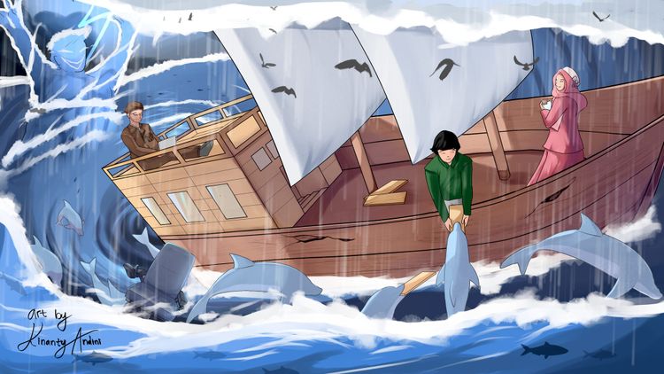 Illustration of a historical-style sailing ship in a storm.