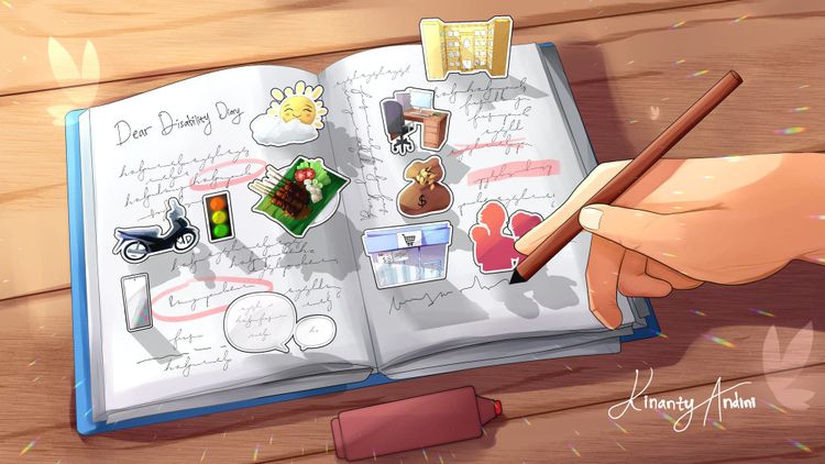 An illustration of an open diary filled with hand-writing, highlights, and pop-up images.