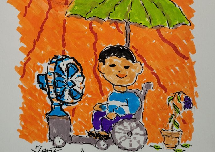A watercolour illustration of a man sitting in a wheelchair under the sun. On his right a wilting flower, and above a green umbrella.