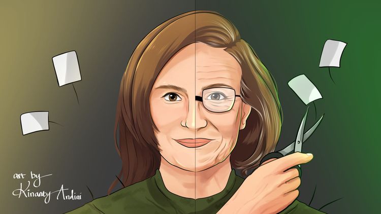 A digital illustration of Ashton, a white woman, split half and half between her younger and older face.