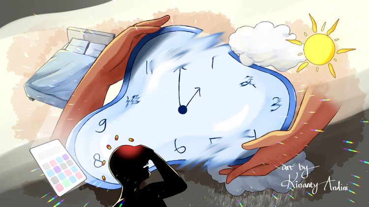 A digital illustration of a distorted and blurred clock being held by a pair of hands.