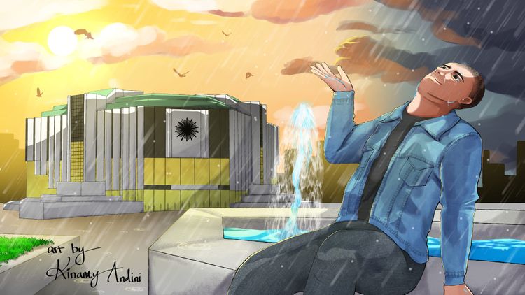 An illustration of a man sitting by a fountain in the rain, in front of the imposing, brutalist, National Palace of Culture in Sofia, Bulgaria. 