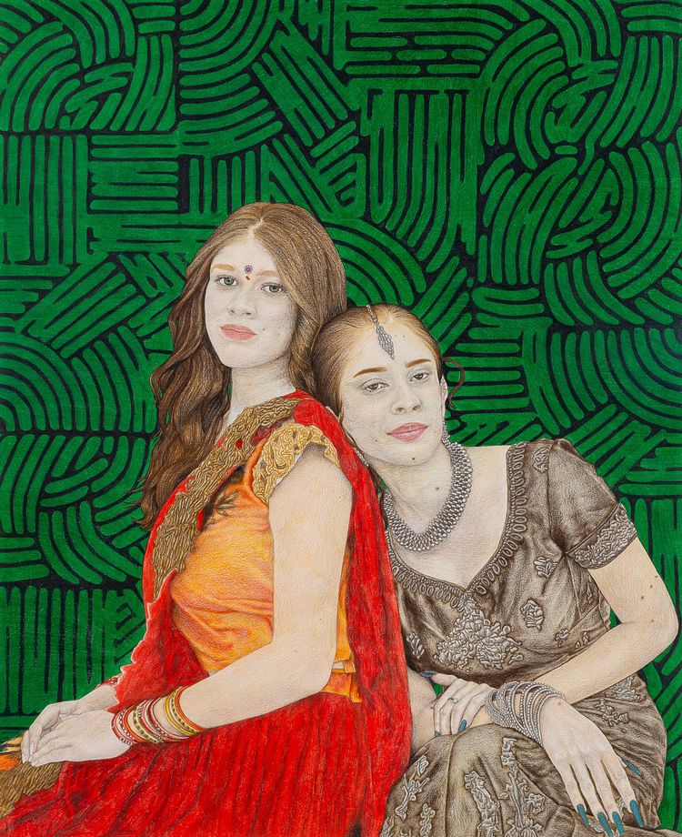 Painting of two young women with albinism, standing closely together against a green abstract patterned background.