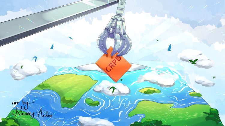 An illustration of a giant excavator claw holding a book titled 'CRPD' hanging above planet Earth.