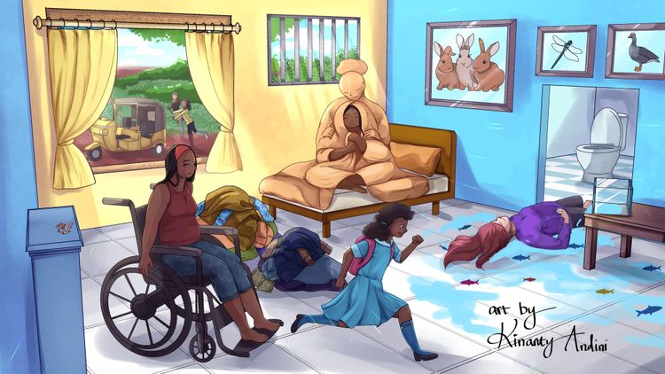 An illustration of a house filled with different scenes, including a person on a bed, a wheelchair user, a running child, and someone collapsed on the floor.