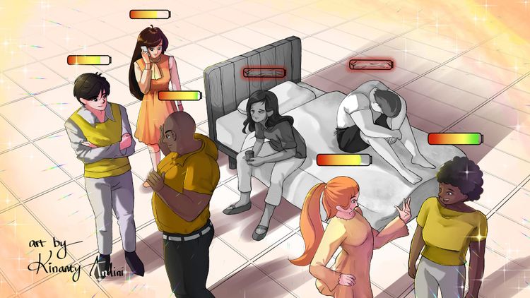 An illustration of people standing around talking while two people sit isolated on a bed.