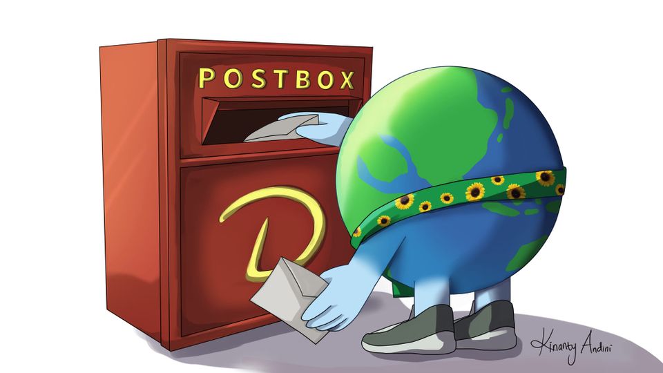 Illustration of the world, with arms and legs, putting mail into a mailbox. The globe wears a sunflower lanyard and the dark red mailbox has the "D" Debrief logo. Signed Kinanty Andini.