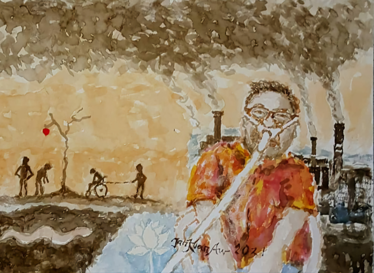 Illustration of KA Tan using a ventilator across a background of climate apocalypse.
