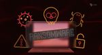 infographic with blurred computer mockup and written ransomware on it there are also warning signs around
