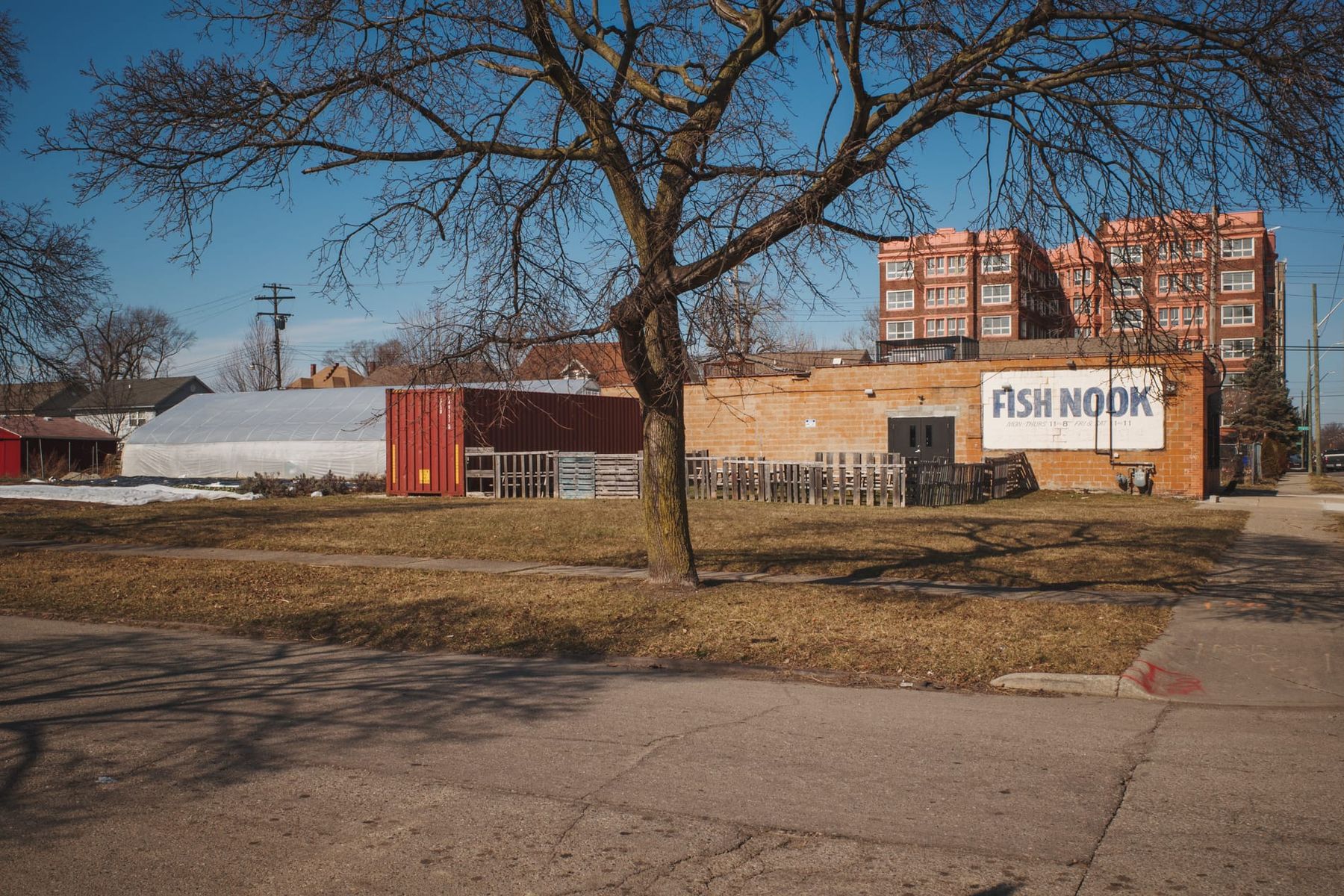 Street view of a city corner. Bare tree and brown grass. Building with a sign on side: FISH NOOK