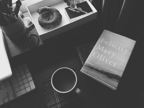 Black and white of desk. Keyboard, spiral fossil, broken spoon, Mary Oliver's Felicity.