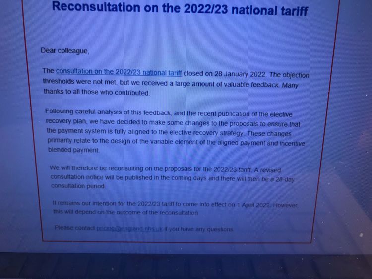 Cowper's Cut update: Ooops! NHSE did it again. NHS tariff withdrawn weeks before the new financial year