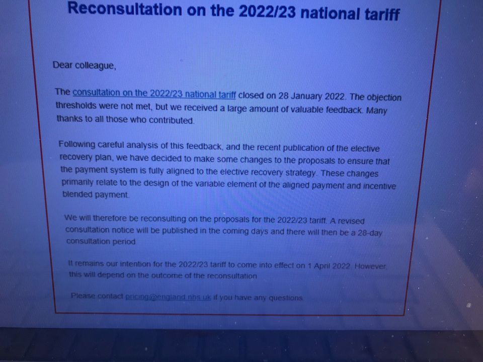 Cowper's Cut update: Ooops! NHSE did it again. NHS tariff withdrawn weeks before the new financial year