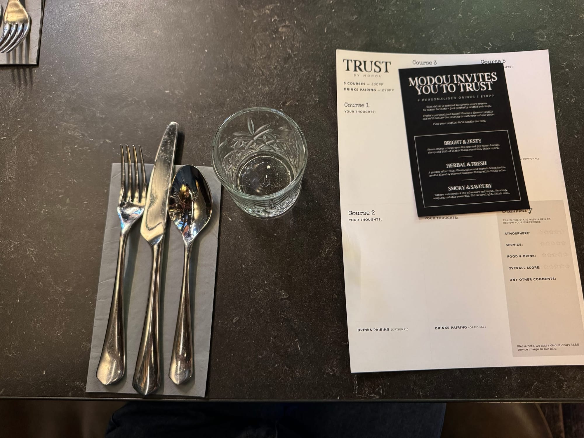 The sheet provided for diners to guess what the small plates are lies on the table next to cutlery.