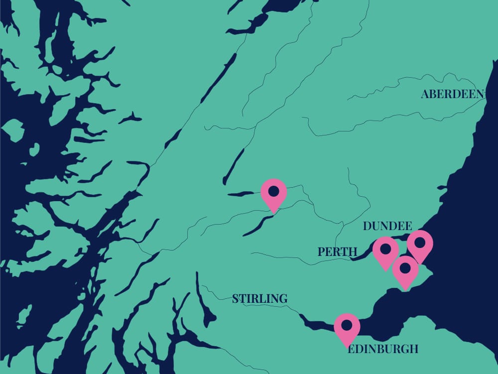 A map of the middle of Scotland showing the locations of the saunas based in Fife, Perthshire, and Edinburgh.