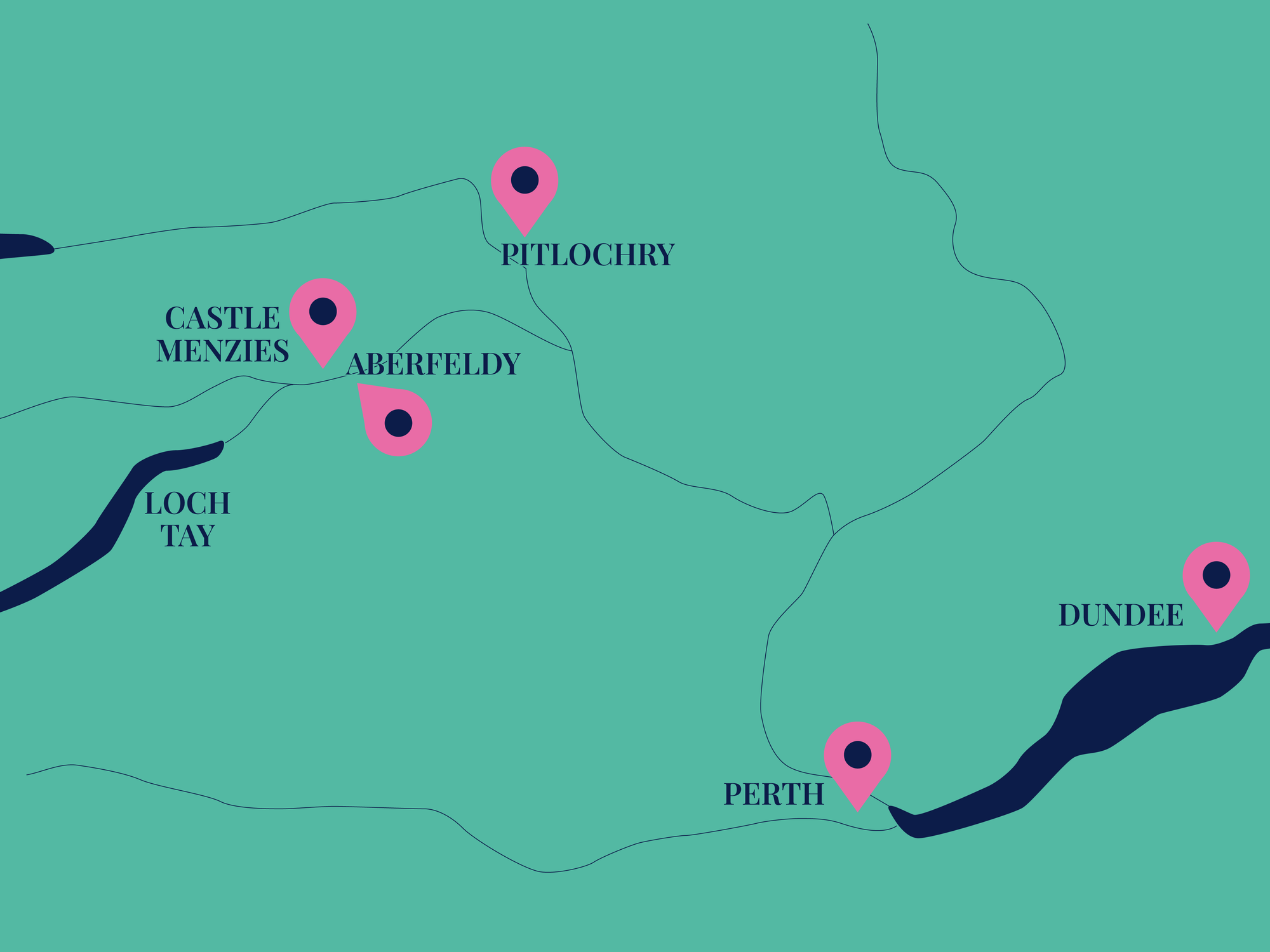 A map showing Castle Menzies in relation to Aberfeldy, Pitlochry, Perth and Dundee.