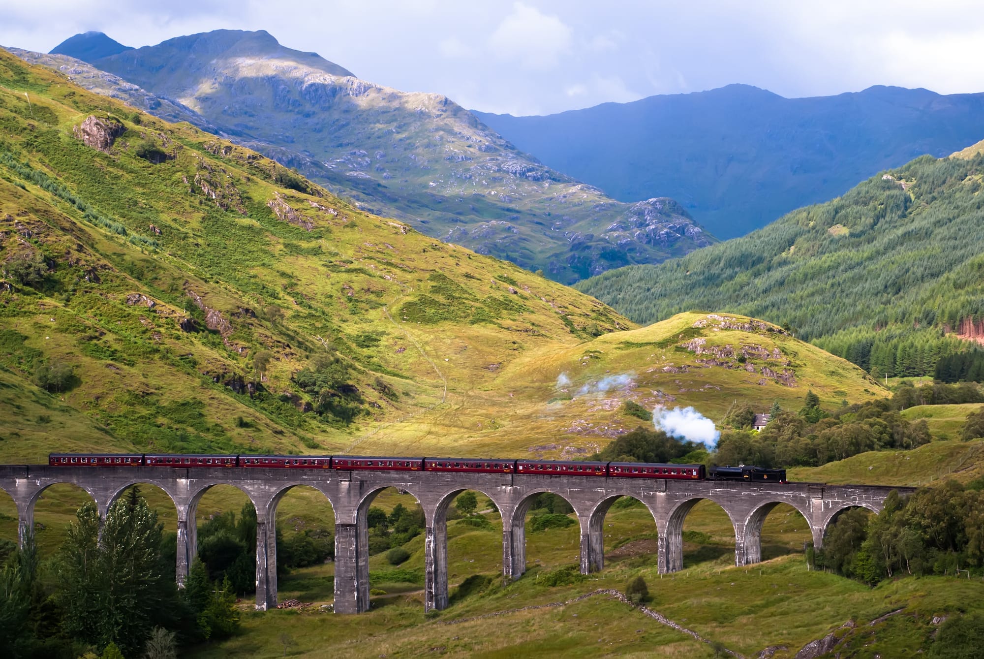 The Jacobite Steam train going over the Glenfinnan viaduct.