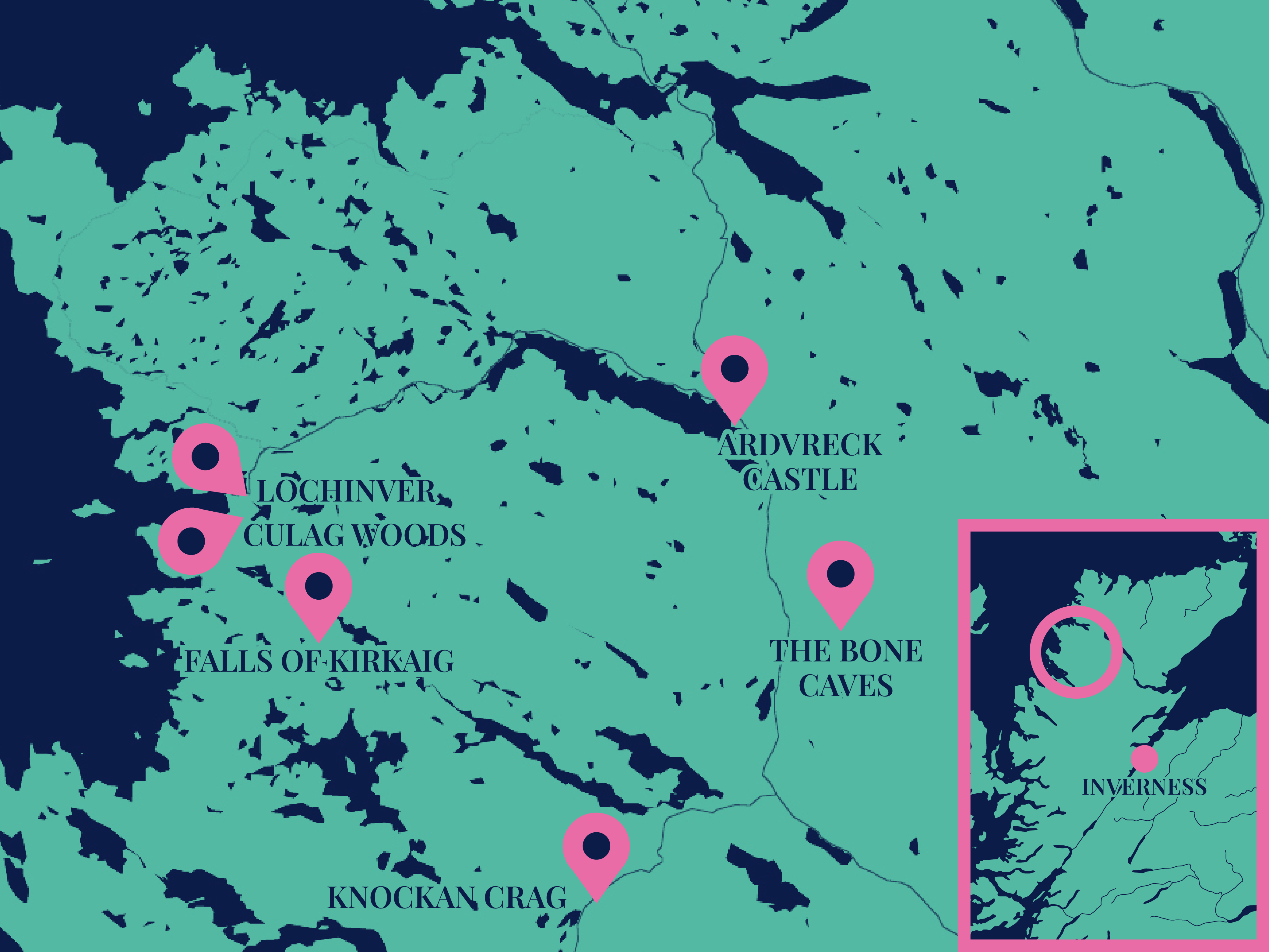 A map of the north west of Scotland marking Rebecca's top 5 spots in Assynt.
