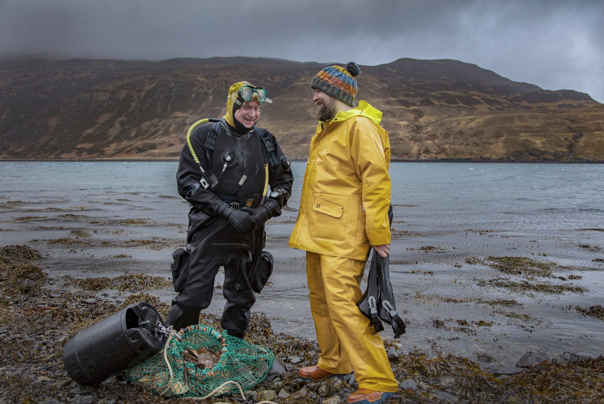 David and Ben Oakes, the duo supplying scallops unique to Skye to The Three Chimneys in their diving gear at Loch Sligachan