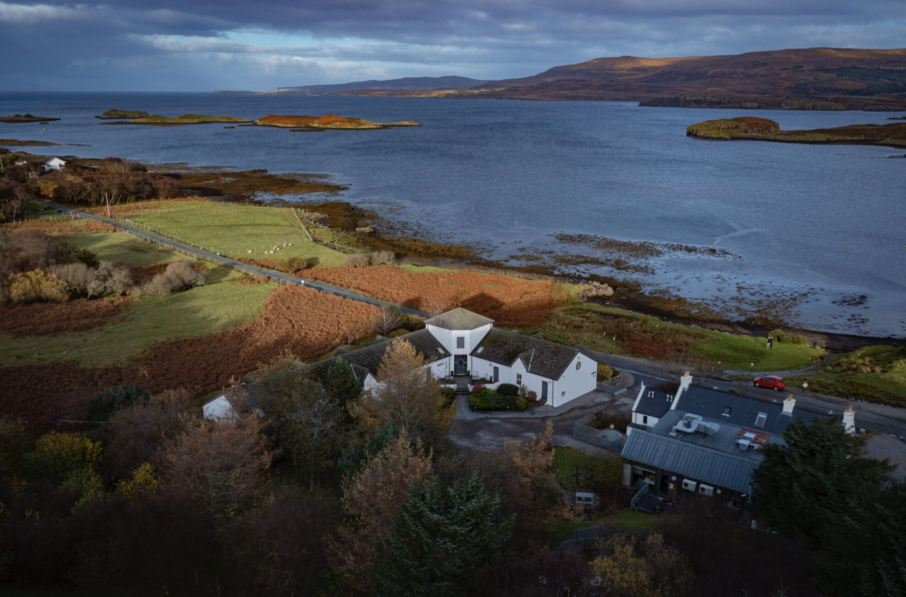An aerial of the The Three Chimneys, showing views over Loch Dunvegan
