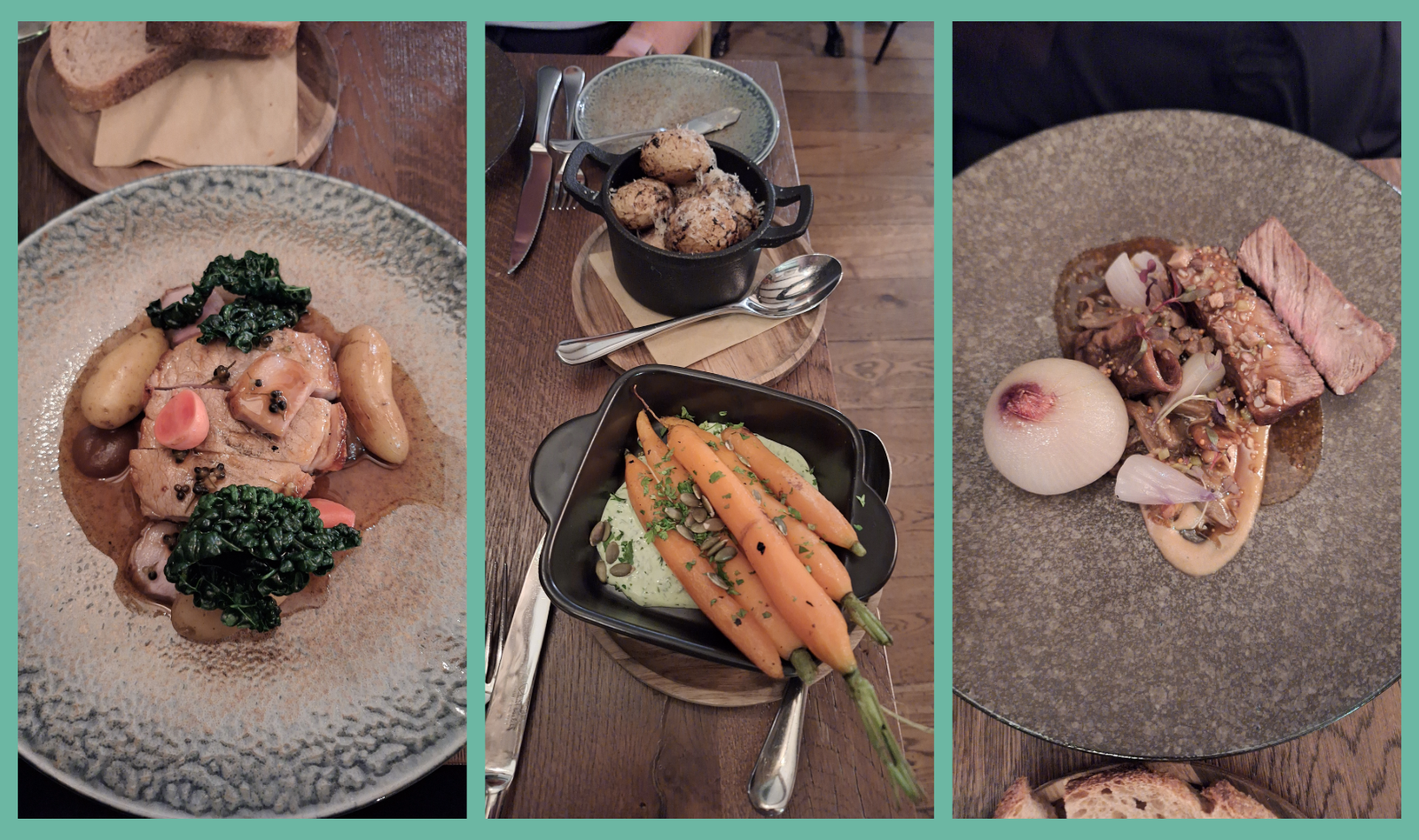 Left: Perthshire pork loin. Middle: side dishes of baby carrots and potatoes. Right: Tweed Valley rump fillet.