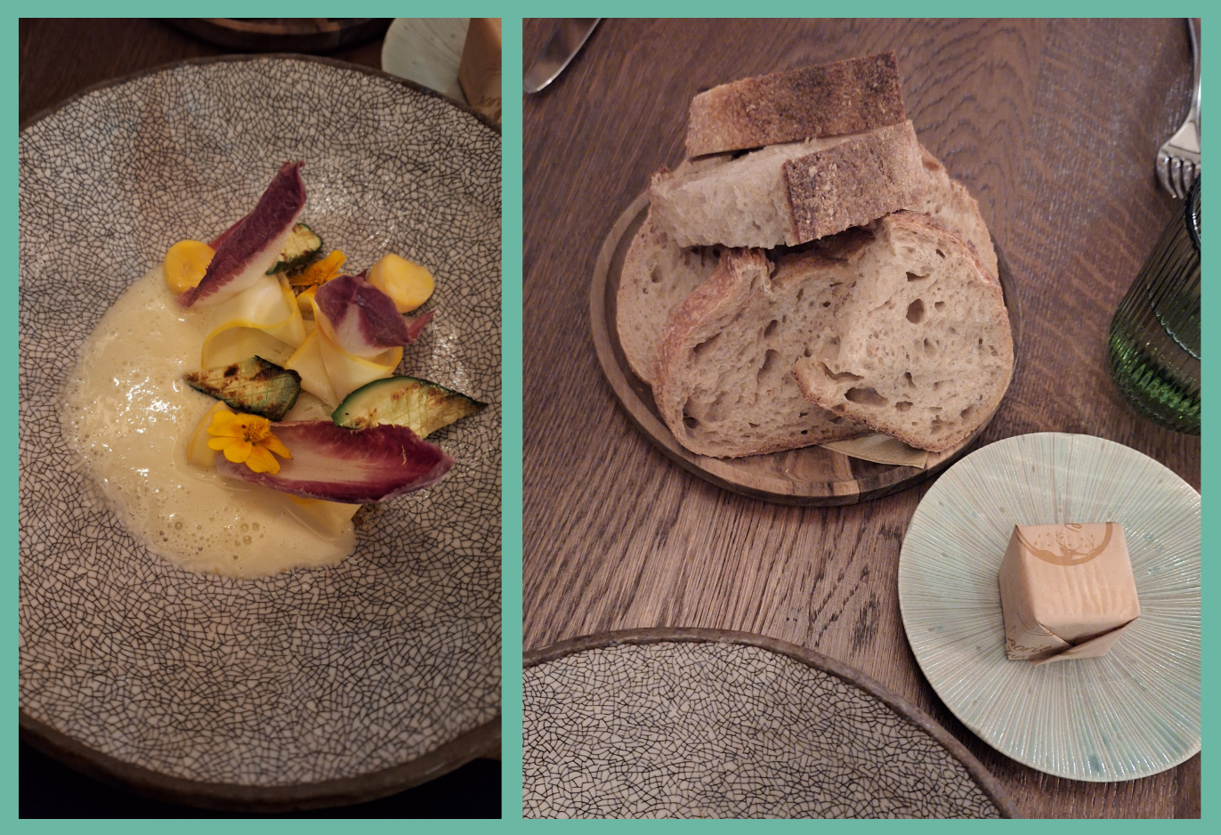 Left: a starter of baby courgette. Right: fresh bread and Strathearn butter.