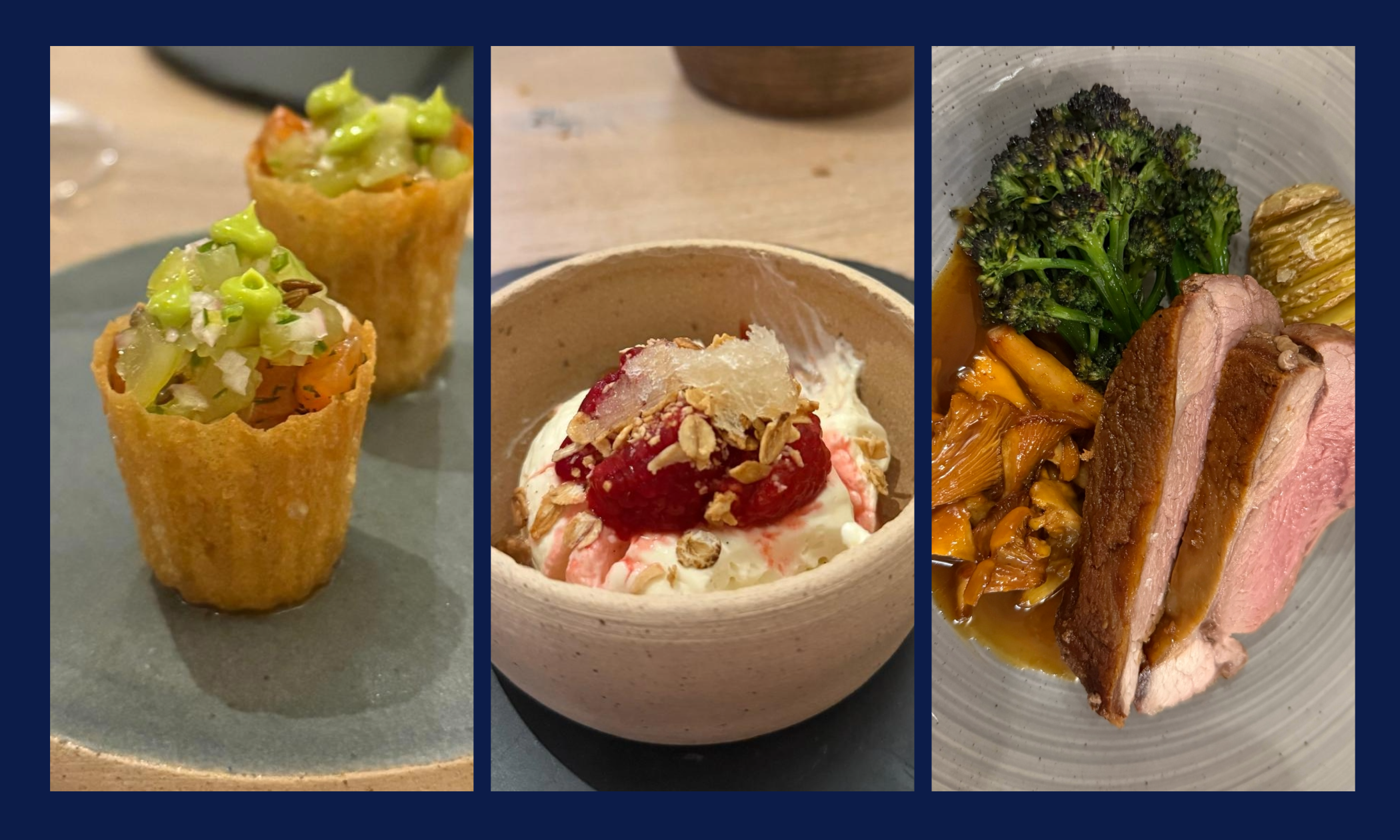 Highlights from the tasting menu (L-R): Trout Pastrami Canapés, Cranachan dessert, and lamb rump from a farm less than six miles away