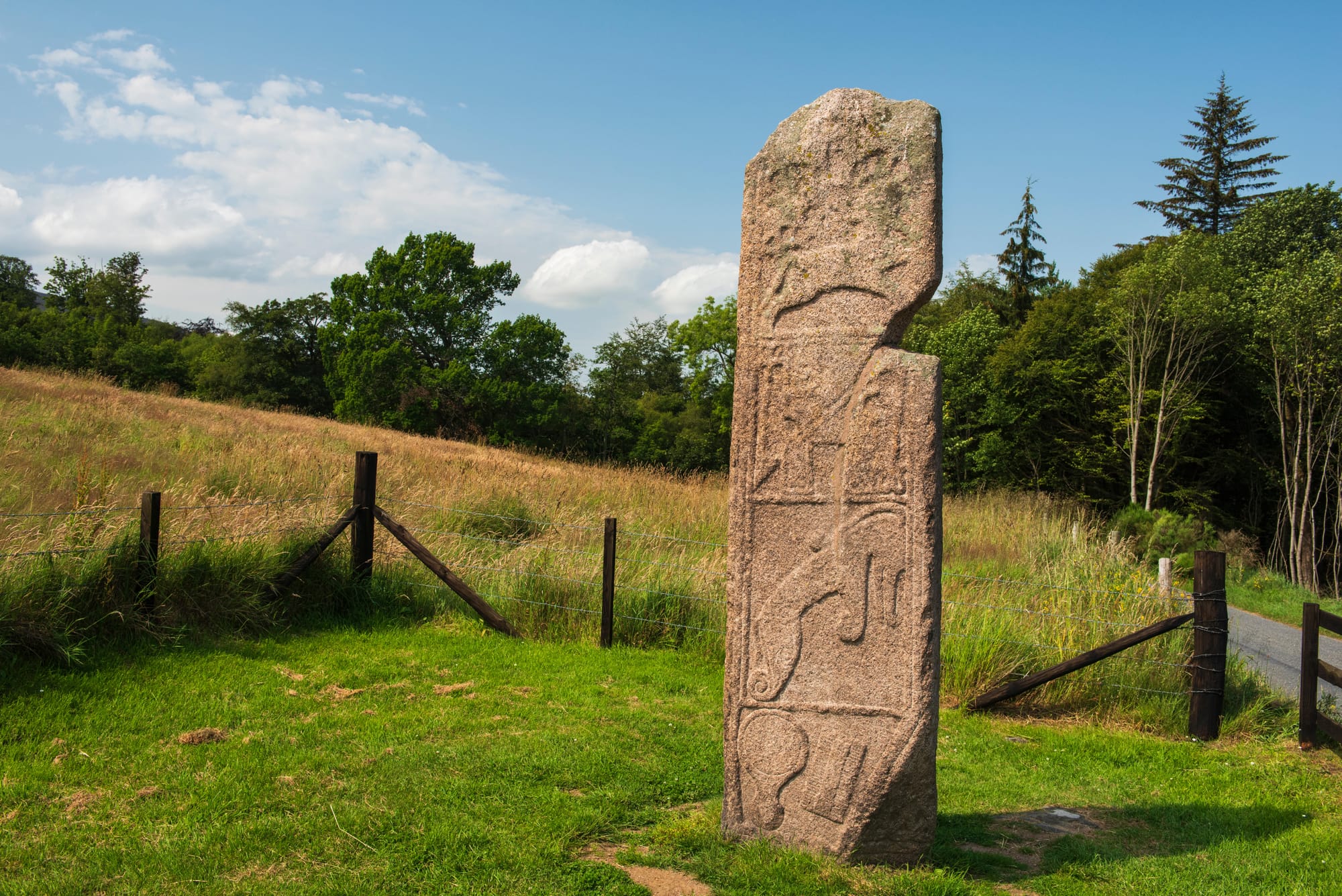 A standing stone covered in Pictish engravings on a grassy site by a forest and a narrow road.