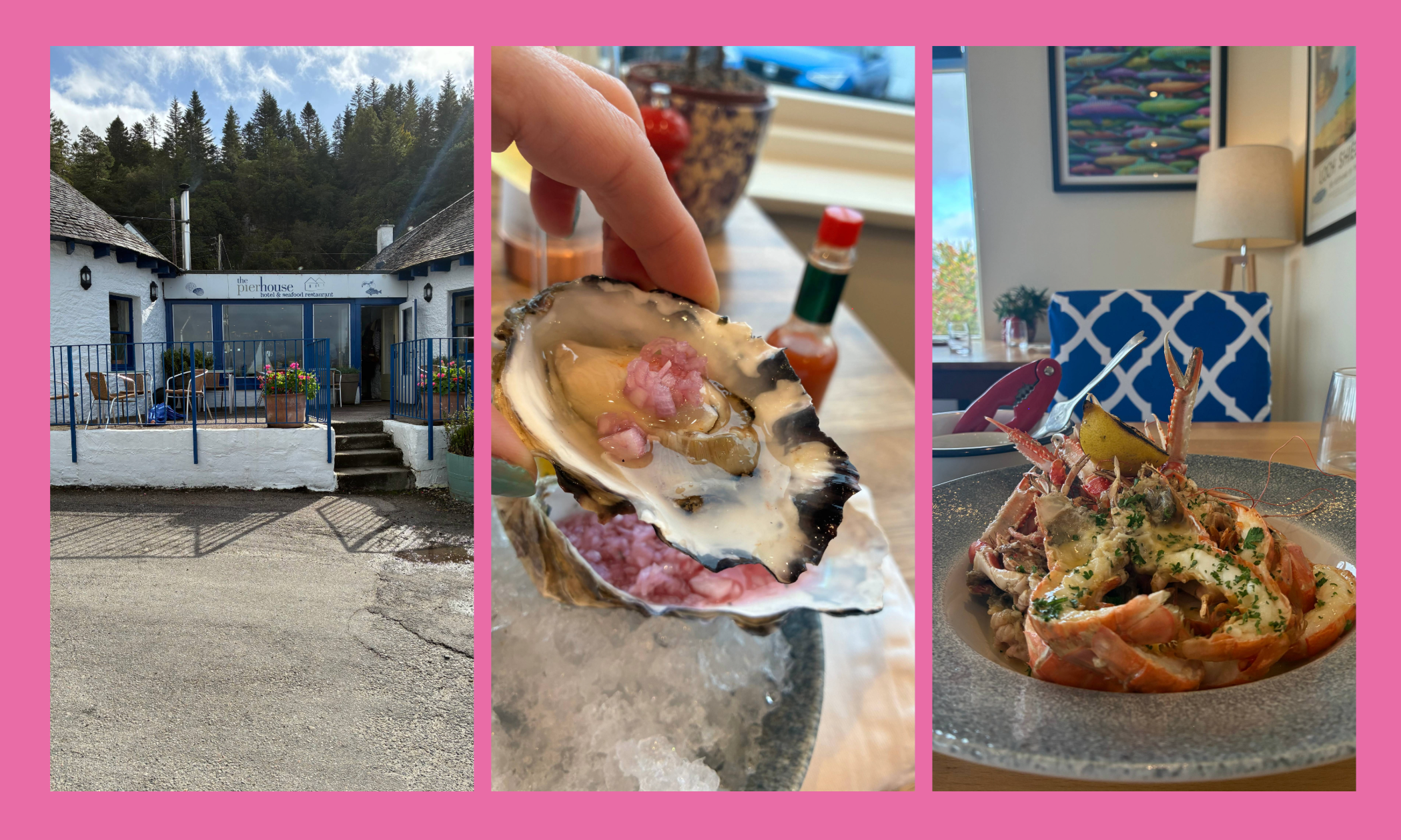 Three pictures: The blue and white exterior of the hotel, close-up of an oysters with shallot topping and a pile of grilled langoustines.
