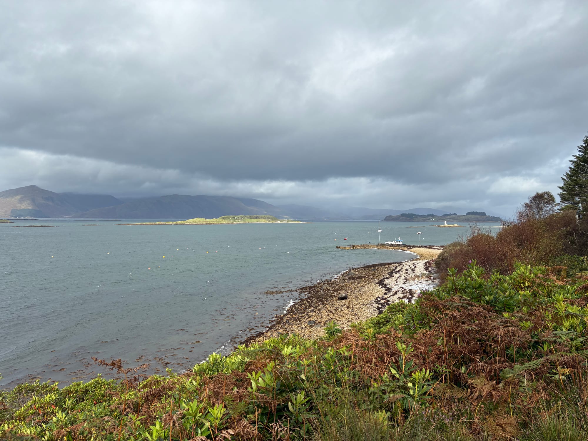 A view over grey-blue water to a small bright green island and large dark cloud covered mountains.