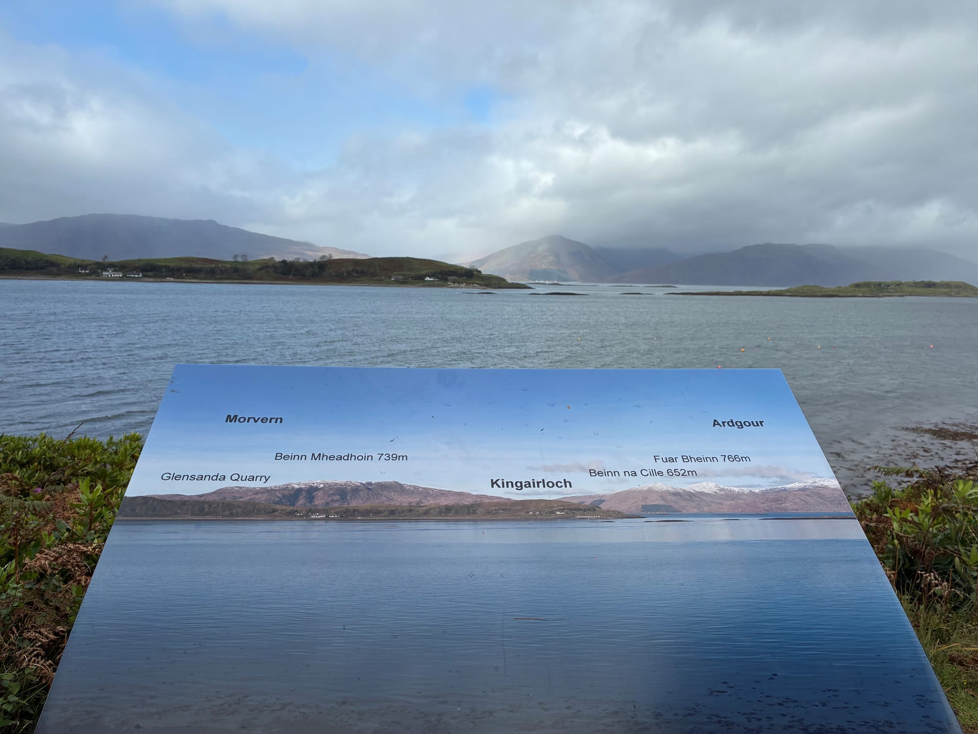 A sign shows what the mountains are in the distance.