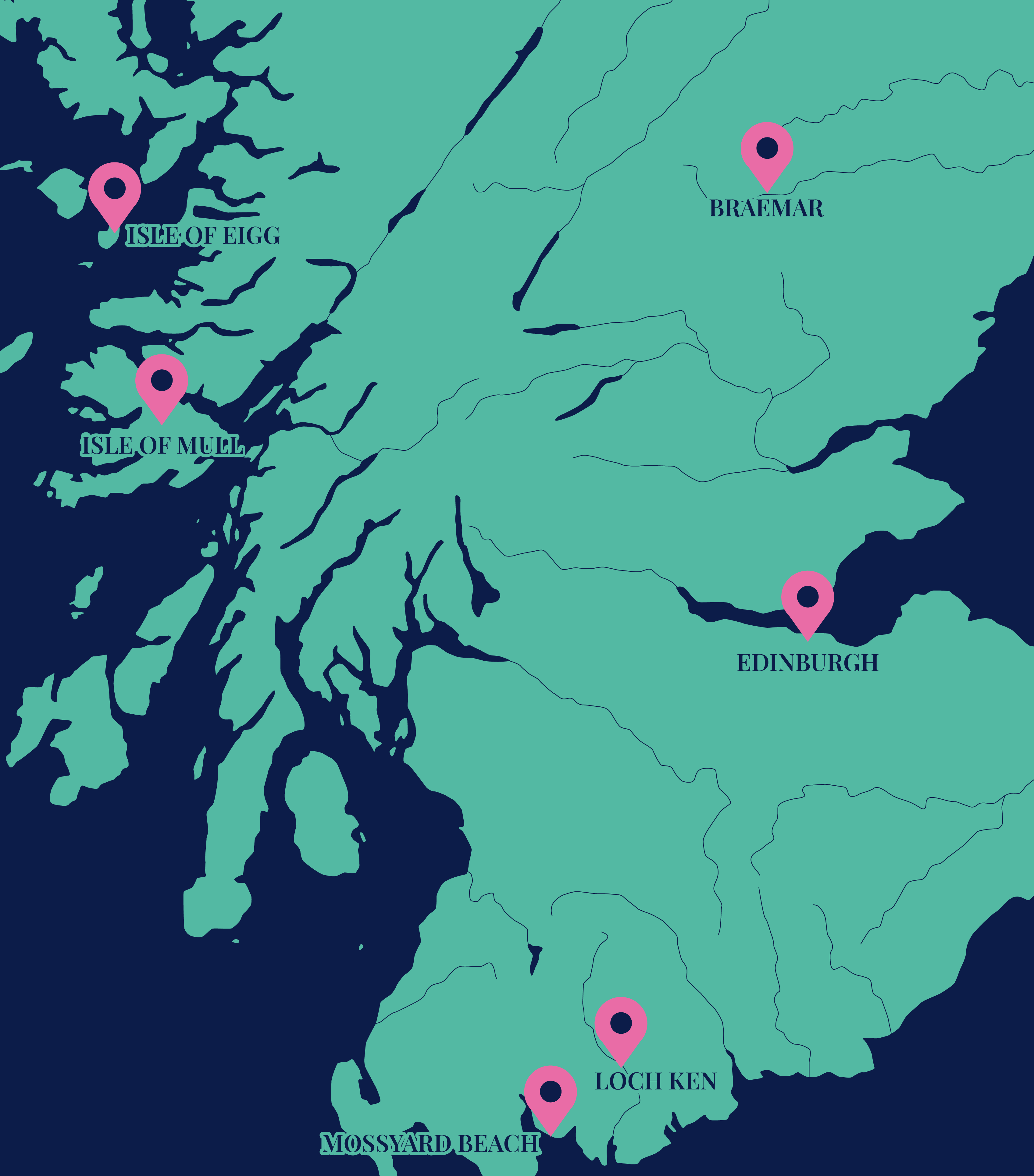 A map of Scotland showing Edinburgh, Braemar, Loch Ken, Mossyard Beach, and the isles of Eigg and Mull.