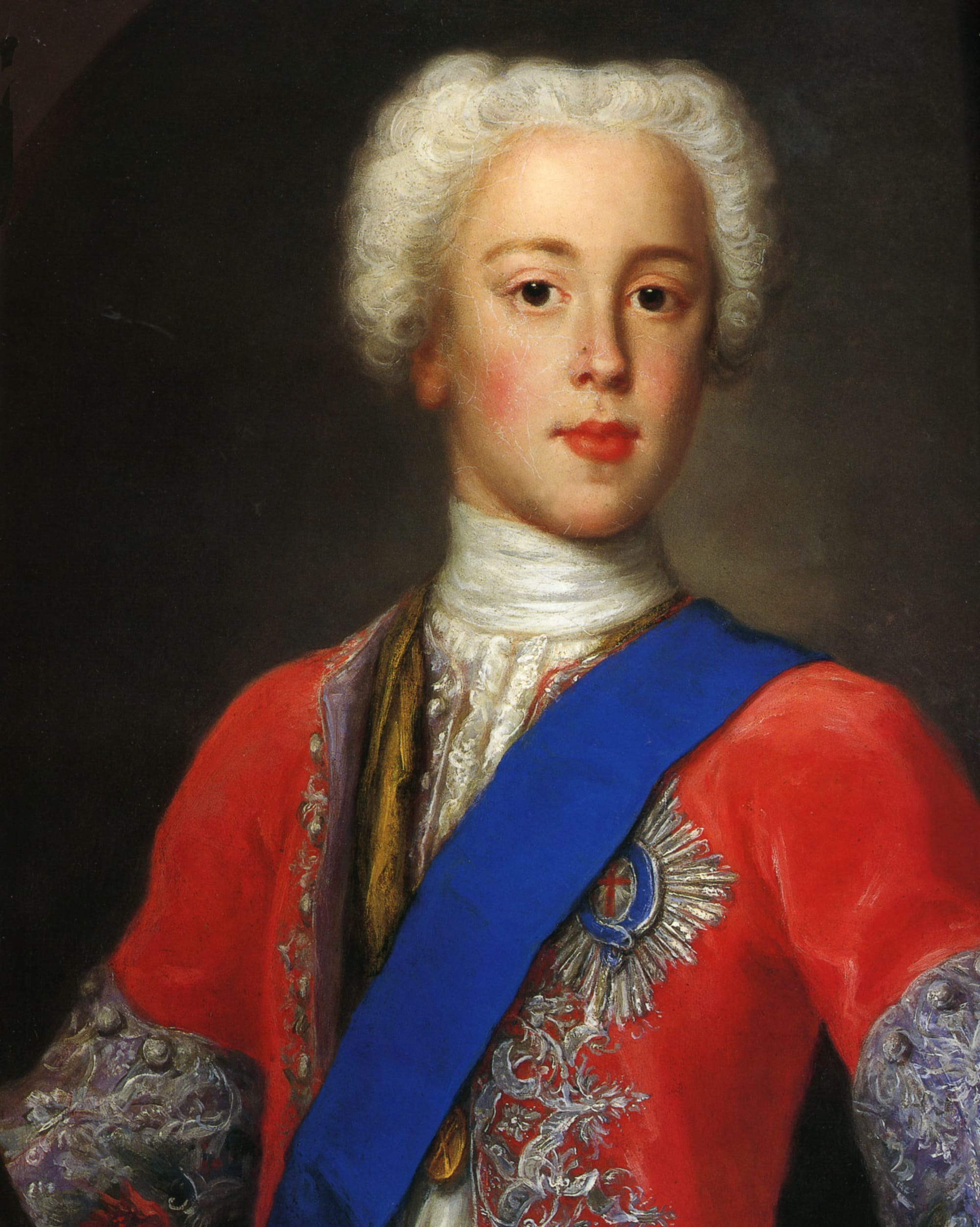A painted portrait of Bonnie Prince Charlie in a red jacket with a blue sash.