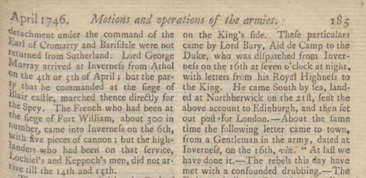 An extract from The Scots Magazine, April 1746.