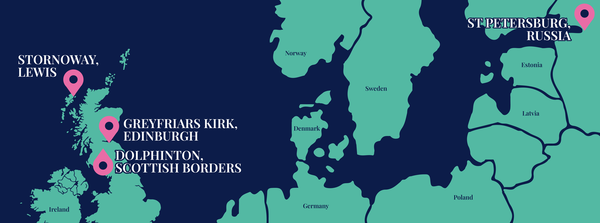 A map showing Stornoway, Edinburgh and Dolphinton in Scotland, and St Petersburg in Russia.