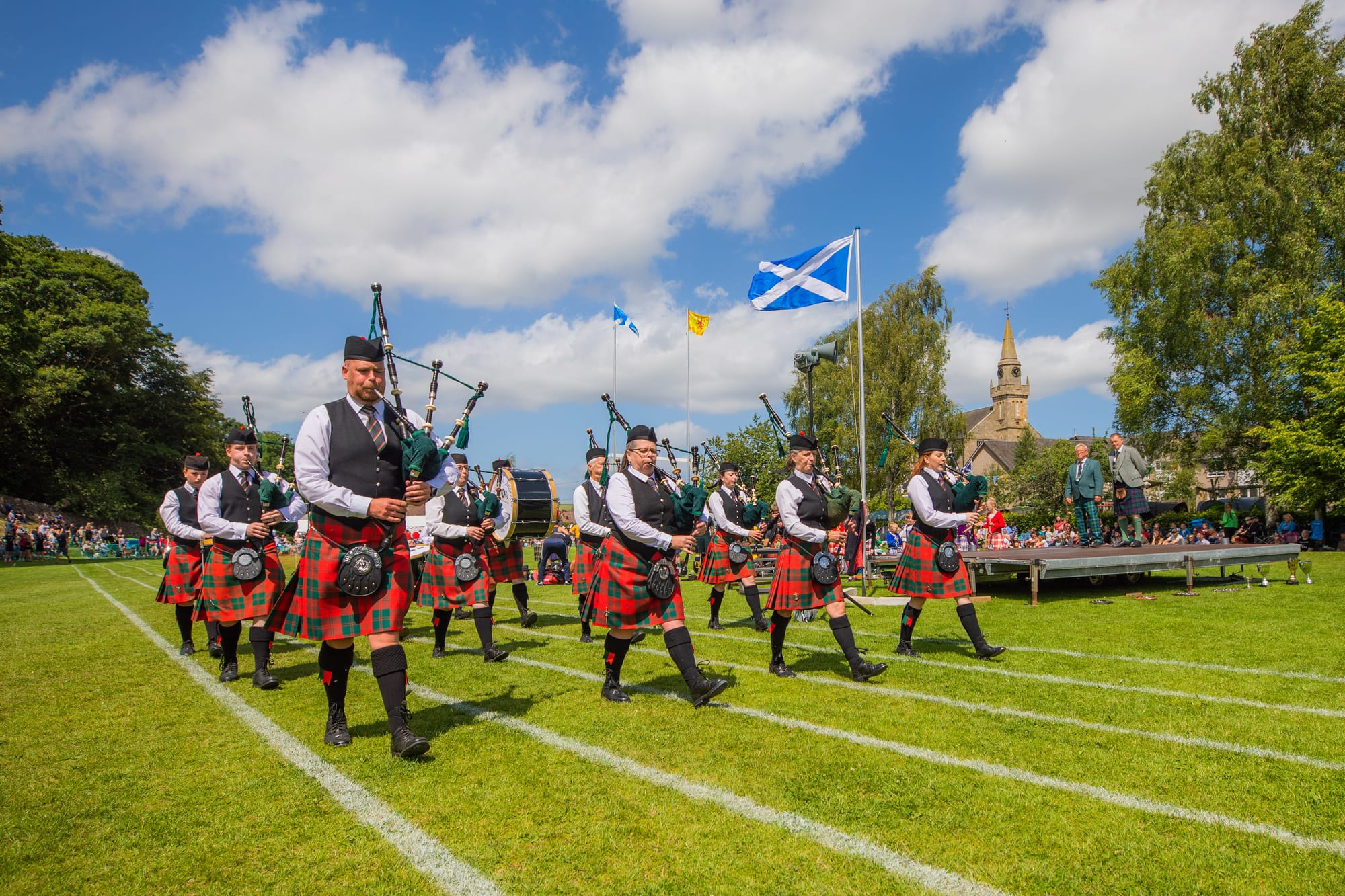 The City of St Andrews Pipe Band parade playing during the opening of Ceres Highland Games.