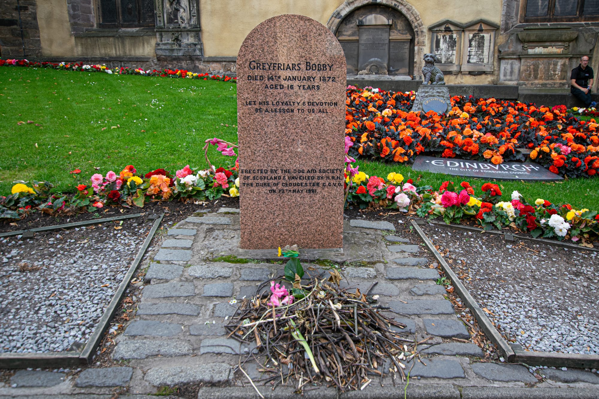 Greyfriars Bobby's gravestone outside Greyfriars Kirk in Edinburgh.