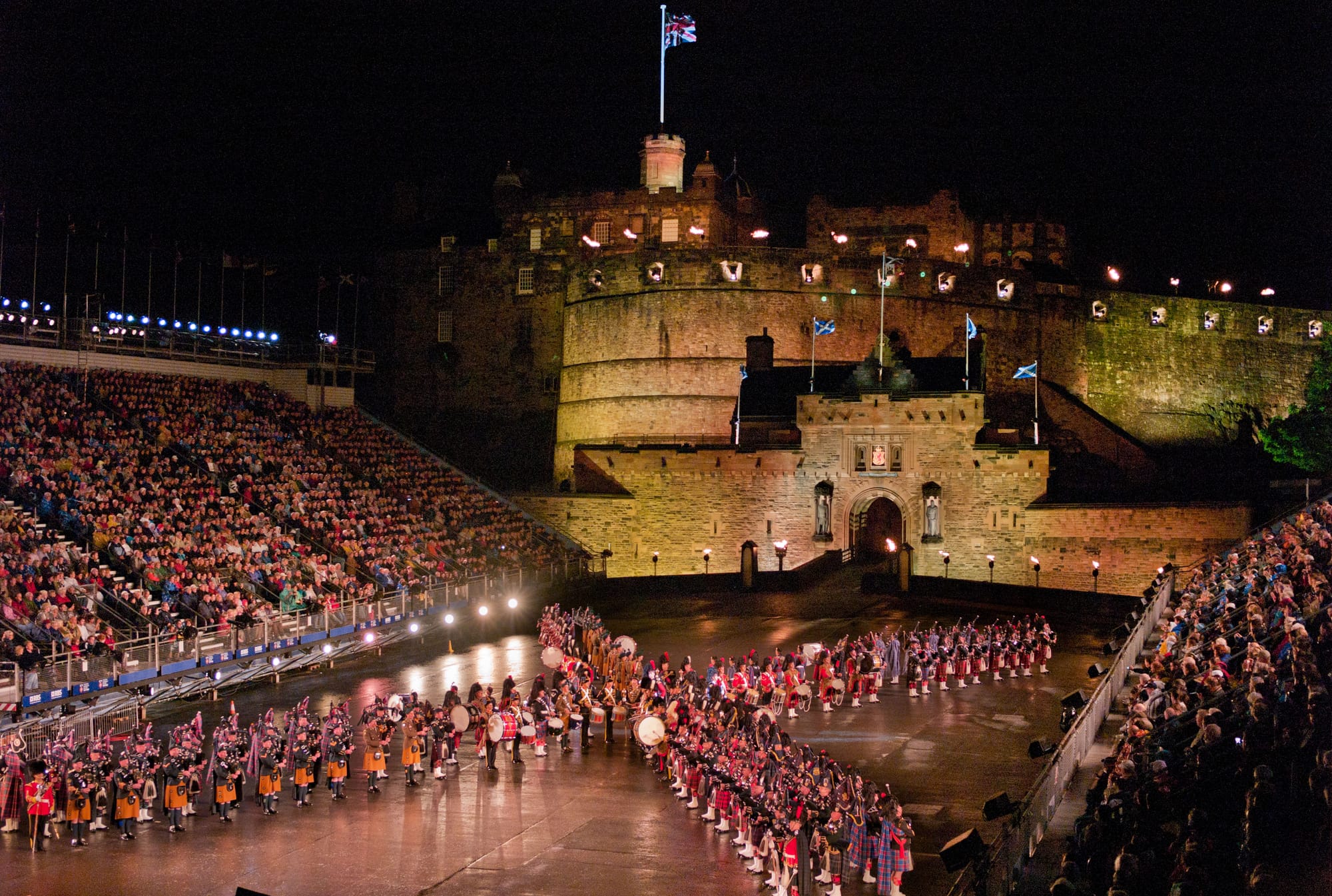 The Royal Edinburgh Military Tattoo performance in front of Edinburgh Castle.