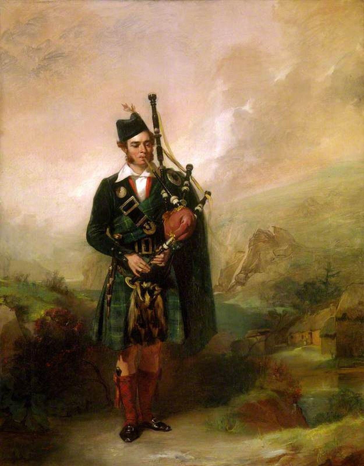 A 19th century oil painting depicts a bagpipe player against a background of Highland scenery.