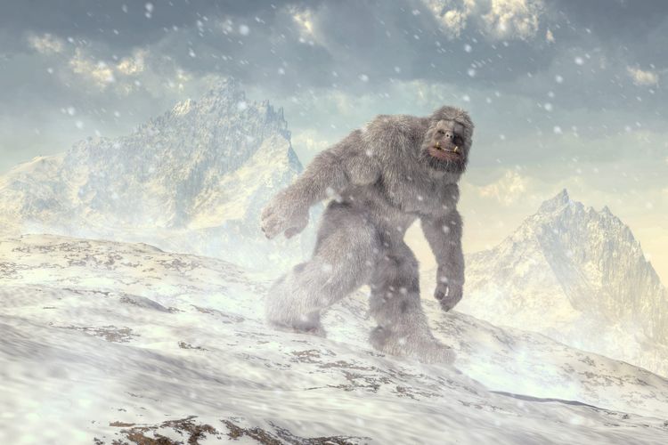 A generated image of a large, hairy yeti-like creature walking through snowy mountains.