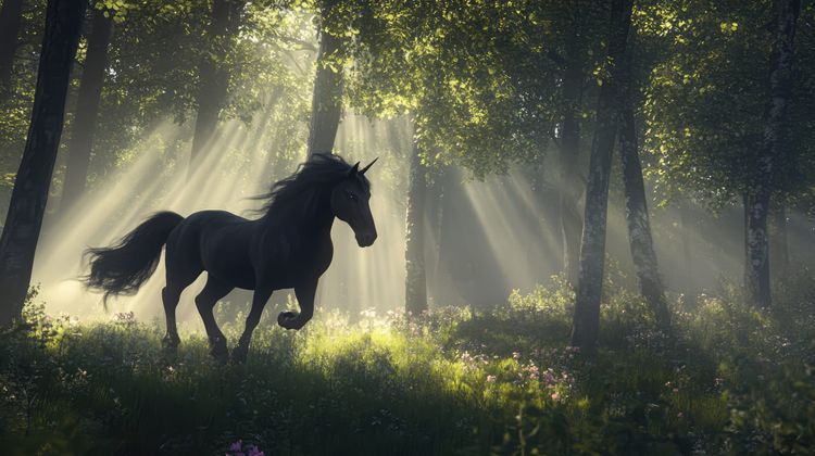 A unicorn running through a shadowy forest.