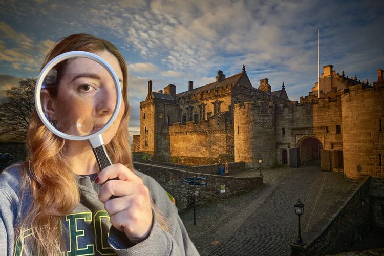 Composite image showing Kate holding a magnifying glass layered in front of Stirling Castle.