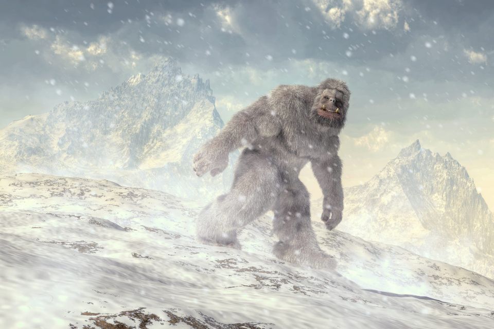 A generated image of a large, hairy yeti-like creature walking through snowy mountains.