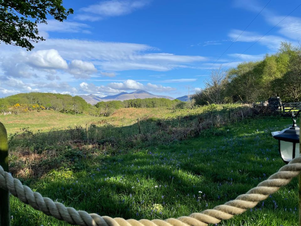There is a rope fence in the foreground, then grass dotted with wildflowers looking out towards hills in the distance.