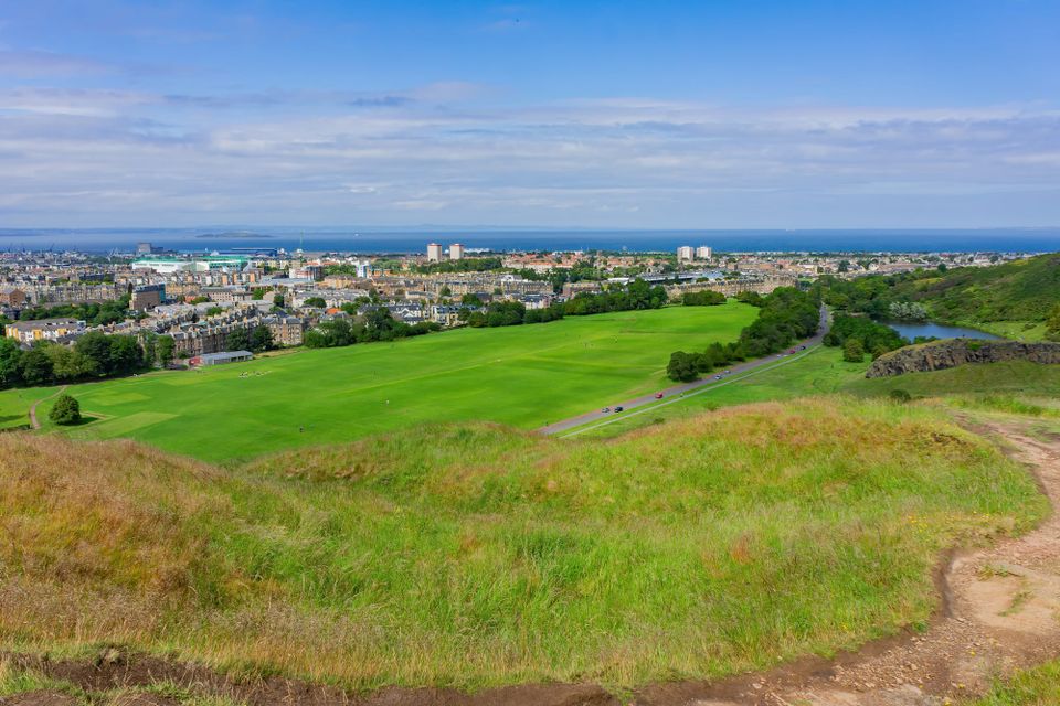 A view over Edinburgh out towards the sea from Holyrood Park.