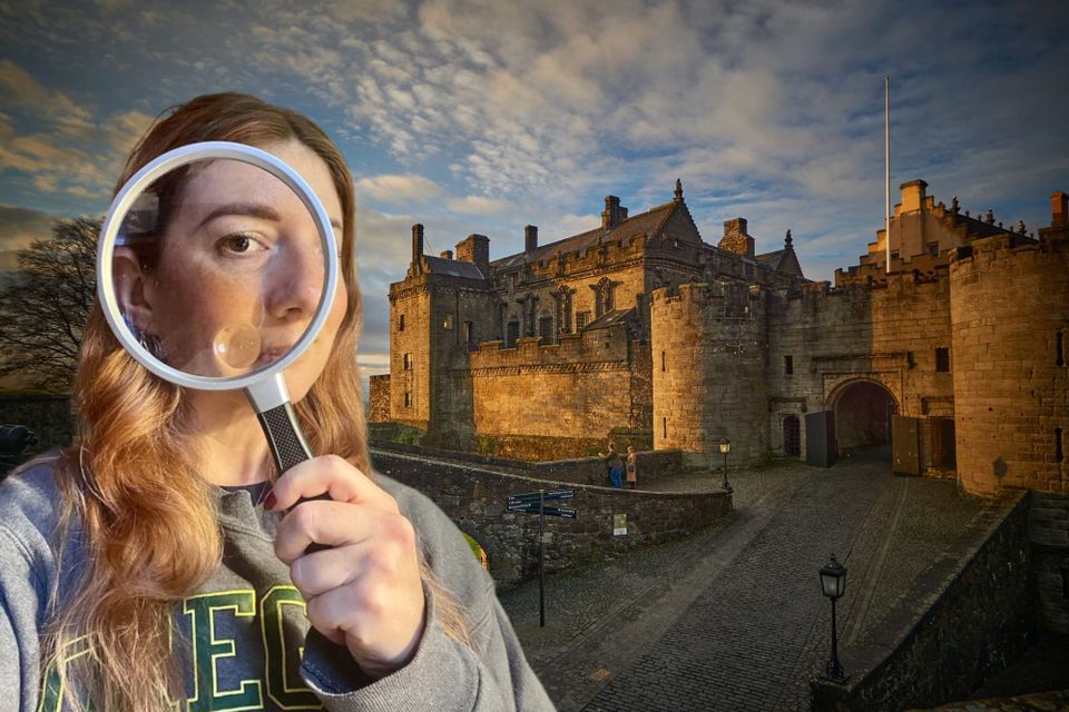 Composite image showing Kate holding a magnifying glass layered in front of Stirling Castle.