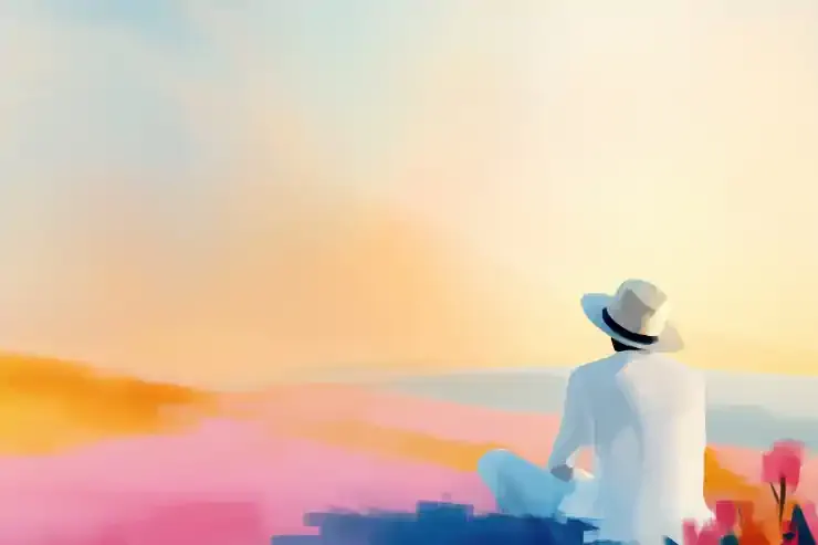 Abstract painting of a person seated in nature, gazing at a colorful horizon, evoking calm, peaceful reflection, and serenity in a modern artistic style.