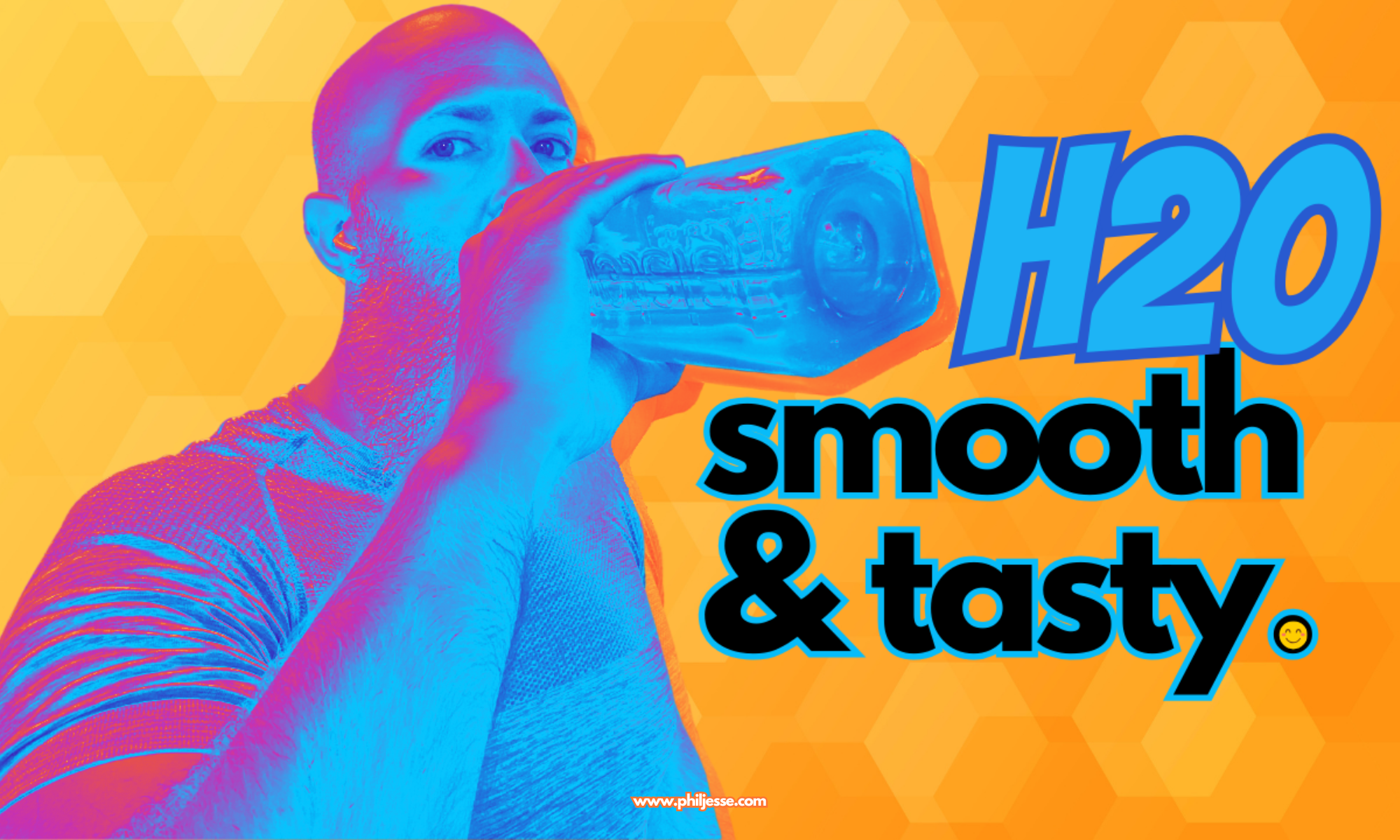 Phil Jessé hydrates with water during his 100,000 pull-up challenge. Text overlay "H2O, Smooth & Tasty" highlights the importance of hydration.