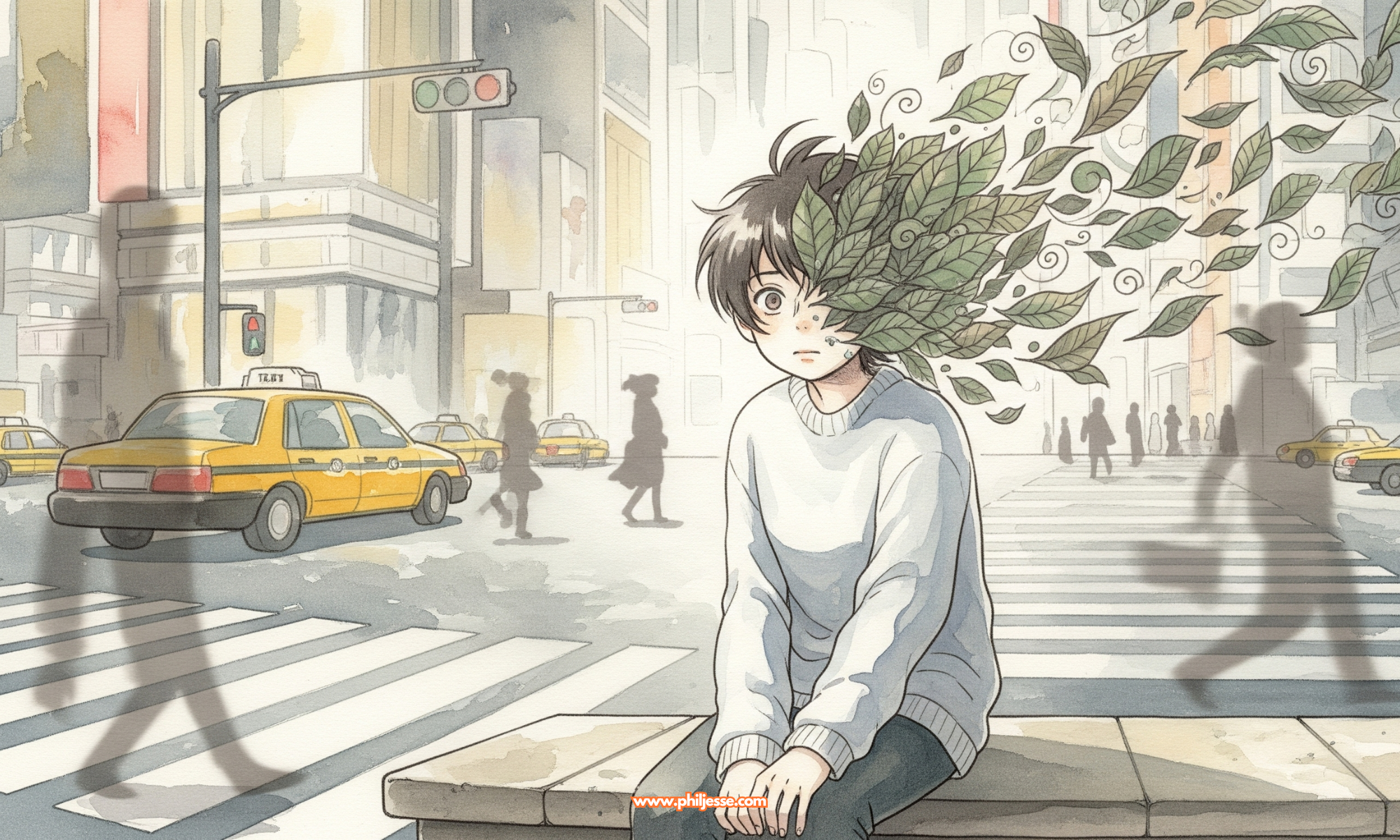 A Ghibli-inspired watercolor illustration of a person on a bench at a busy city crossroad. They look overwhelmed as transparent leaves swirl around their head, obscuring their face.