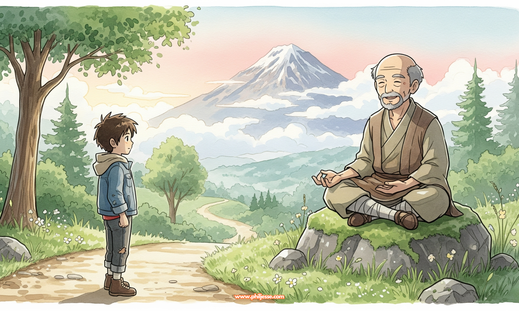 A Ghibli-inspired watercolor of a young person on a mountain path before a meditating old man. A majestic mountain is in the background, conveying a tranquil and hopeful mood.